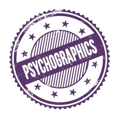 PSYCHOGRAPHICS text written on purple indigo grungy round stamp.