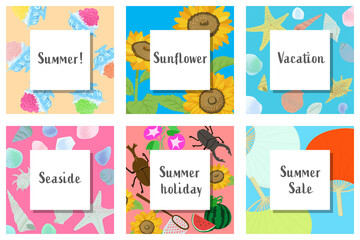 ひまわりやかぶとむしなど 夏休みらしい元気なモチーフを集めたベクターイラスト フレームセット
