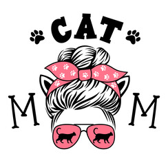 Female head with glasses, bandana, messy bun and a quote: cat mom. Funy illustration. Vector design for cat lovers.
