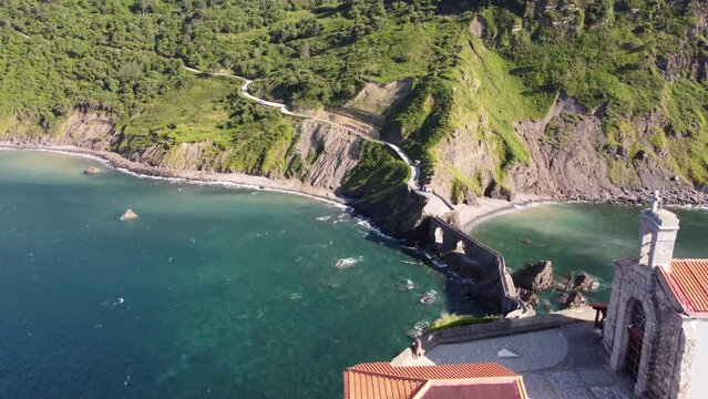 aerial view of San Juan the Gaztelugatxe shrine in the sea in the basque coast in Basque country, Spain