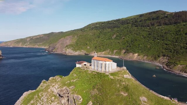 aerial video footage of the shrine of San Juan de Gaztelugatxe in the basque coast in Basque Country, Spain
