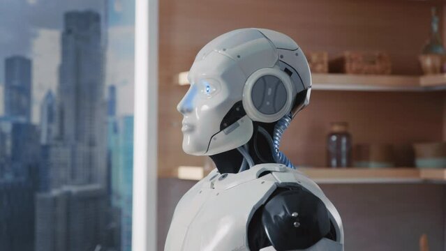 Close-up shot of white human-like robot looking out of window. Smart thinking machine. Portrait of cyborg looking directly at camera in modern kitchen. Daytime, indoors