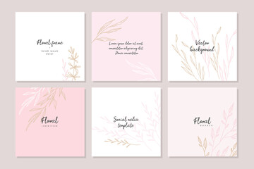 Pink background with copy space for text and line drawings flower elements. Editable  luxury elegant vector banner for social media post, card, cover, invitation, poster, mobile apps, web ads