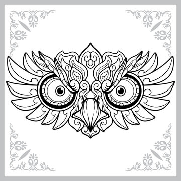 angry owl head cartoon zentangle arts. isolated on white background.