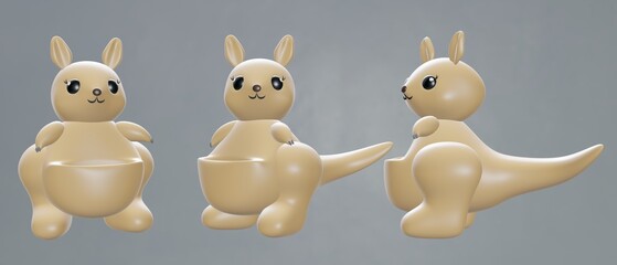 Plasticine statue of kangaroo character In front, side and back view on white background.3d rendered illustration. cute animal and minimal style.isolated.doll, toy, kids.