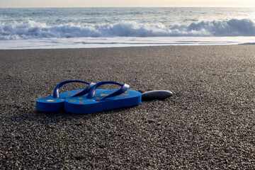 Sunny tropical beach with turquoise water, Calabria, Italy vacation, hot summer day. Close up of...
