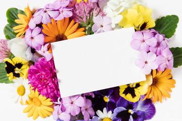 Festive card template. Spring and summer colorful flowers and blank paper sheet card mockup on...