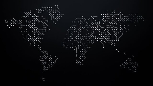 World map with digital tech circuit board. Abstract futuristic technology background. Global internet web 3.0 network and blockchain cryptocurrency defi concept. Big data nodes and storage servers