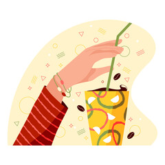 Flat cartoon hand holding cup of coffee or tea. Vector illustration.