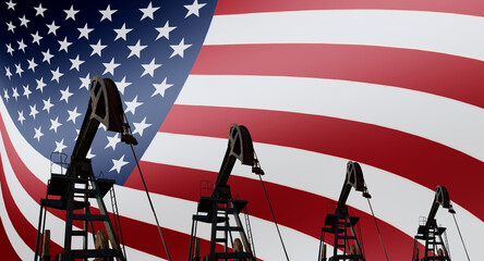 Silhouette of oil drilling pump on background of united states flag.