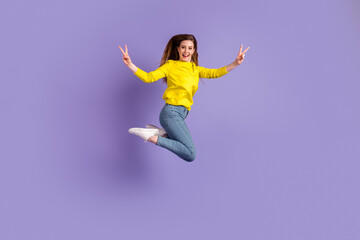 Fototapeta na wymiar Full size profile side photo of young girl good mood jump show fingers peace v-symbol isolated over purple color background