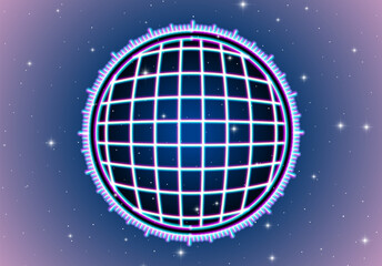 Neon interface background with round sensor display and ruler. Abstract technology frame in 80s retro computer style.