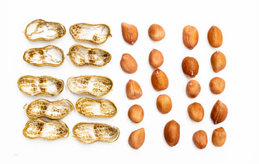 peeled peanuts isolated on white. Top view.