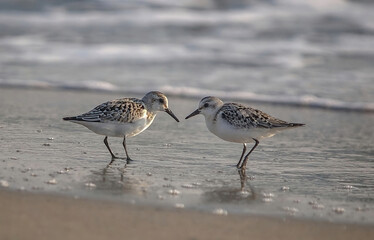 Sanderling (Calidris alba) feeding along the tideline on the coast