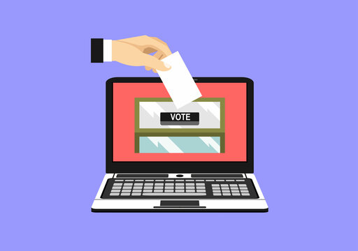 Voting online concept. Hand putting voting paper in the ballot box on a laptop screen. Flat style