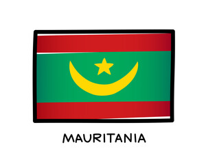 Mauritania flag. Colorful Mauritanian flag logo. Red and green brush strokes, hand drawn. Black outline. Vector illustration