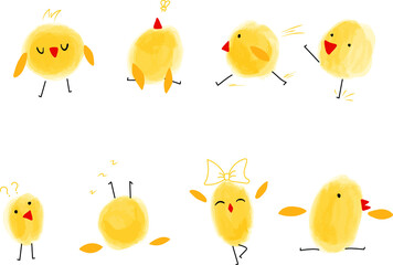 Vector yellow different chickens with red beaks. Walks, stomps, runs, walks, dances, sleeps, looks