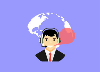 Happy customer support manager with headphones.Flat design concept vector illustration