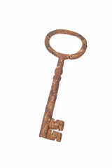 Old rusty cast iron key on white background