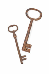 Vintage rusty keys on white background