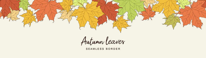 Autumn leaf fall horizontal banner. Seamless border with colorful maple leaves. Vector illustration