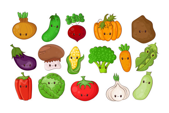 Collection of Cute Kawaii Vegetables. Set of clip art cartoon vegetables in kawaii style. Vector illustration of a cute vegetables. 