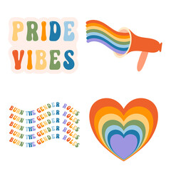 Vector collection of LGBTQ community symbols retro pride vibes with rainbow Pride month hand drawn concept Vector illustration
