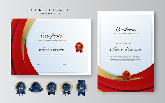 Blue and red certificate of achievement border template with luxury badge and modern line pattern. For award, business, and education needs