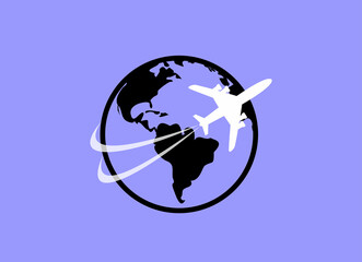 Globe with airplane icon, vector illustration. Flat design style
