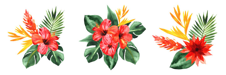 Tropical vibes. Hand painted Watercolor arrangements with flamingo, flowers and leaves