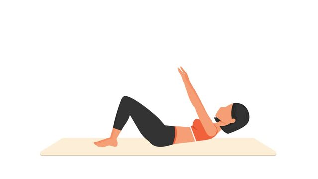 Abdominal crunches exercise tutorial. Female workout on mat. Fitness woman exercising. Looped 2D animation with young girl character training. Sport and healthy lifestyle concept.
