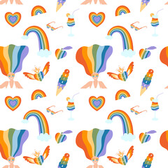 Vector collection of LGBTQ community symbols retro pride vibes with rainbow Pride month hand drawn concept Vector illustration
