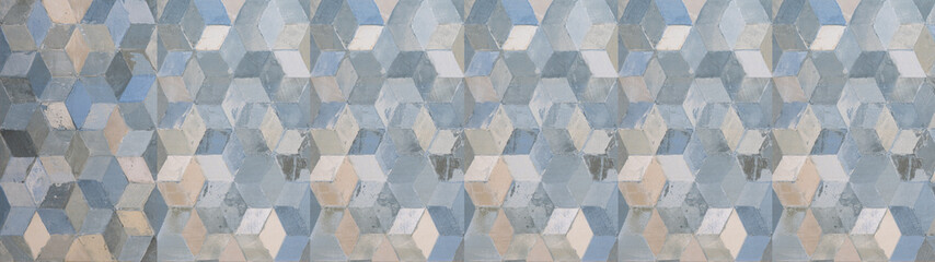 Old pastel blue beige vintage geometric shabby mosaic motif porcelain stoneware tiles stone...