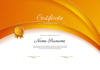 Certificate orange template with modern luxury pattern and golden lines. Vector illustration and vector Luxury premium badges design. Set of retro vintage badges and labels.