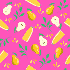 pear pattern with green leaf. fruity seamless pattern on a pink background. vector illustration, eps 10.