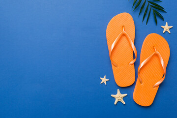 Flat lay composition with flip flops and seashell on colored background. Space for text top view