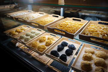 Italian fresh made colorful pasta in shop window