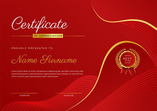 Certificate red template with modern luxury pattern and golden lines. Vector illustration and vector Luxury premium badges design. Set of retro vintage badges and labels. - Powered by Adobe