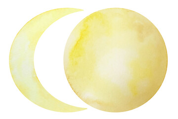 Watercolor illustration of yellow crescent moon phase isolated on white background