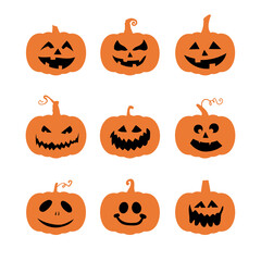 Halloween pumpkins silhouette with various faces and smiles. Design element for halloween concept.