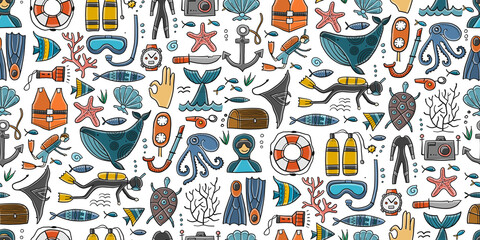 Scuba Diving, underwater activity. Summer vacation, marine life concept. Semless pattern background for your design - 508426529