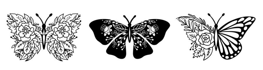 Floral butterfly silhouette set. Vector monochrome illustration isolated on white background. Various moths with flower wings.