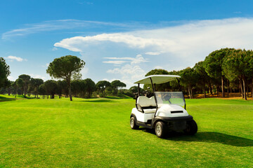 Golf cart in fairway of golf course with green grass field with cloudy sky and trees at sunset