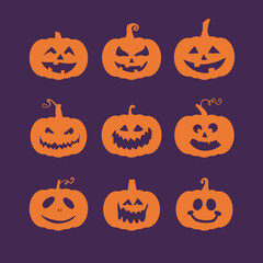 Halloween pumpkins silhouette with various faces and transparent smiles