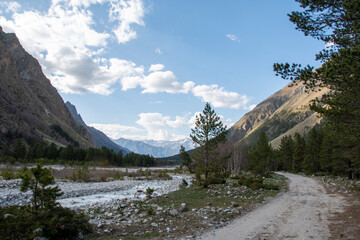 Road in the forest against the backdrop of high snowy mountains