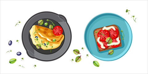 Frying pan with scrambled eggs, olives and herbs. Turquoise plate with toast and tomatoes. Healthy food. The concept of fresh food for breakfast, dinner. Traditional breakfast