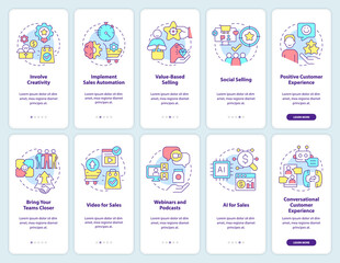 Selling trends onboarding mobile app screen set. Business and trade walkthrough 5 steps editable graphic instructions with linear concepts. UI, UX, GUI template. Myriad Pro-Bold, Regular fonts used