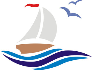 a brown sailing yacht under a red flag sails on the blue sea