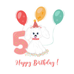 Number 5 five year old Happy Birthday  celebration wish with a cute little dog, flying air colorful balloons and a festive inscription on a white background for girl. Number five with glitters.