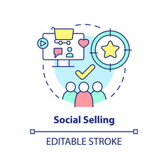 Social selling concept icon. Sales trend abstract idea thin line illustration. Target customers on social media platforms. Isolated outline drawing. Editable stroke. Arial, Myriad Pro-Bold fonts used
